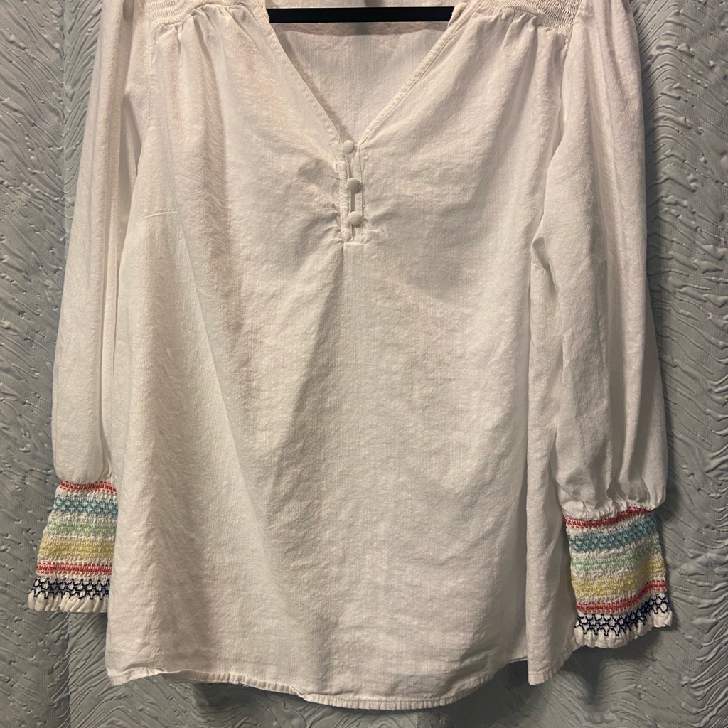 St. John's Bay White Peasant Blouse With Multicolor Smocked Cuffs
